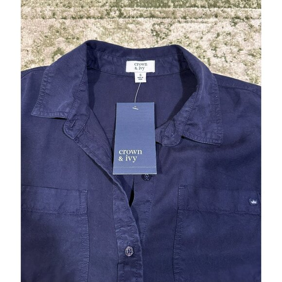 NWT Crown and Ivy Navy Blue Tencel Lyocell Button Down Top Ruffle Cuffs Size S - Picture 2 of 6